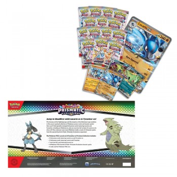 Pokemon Scarlet & Violet: Prismatic Evolutions Lucario ex & Tyranitar ex Premium Collection rinkinys
